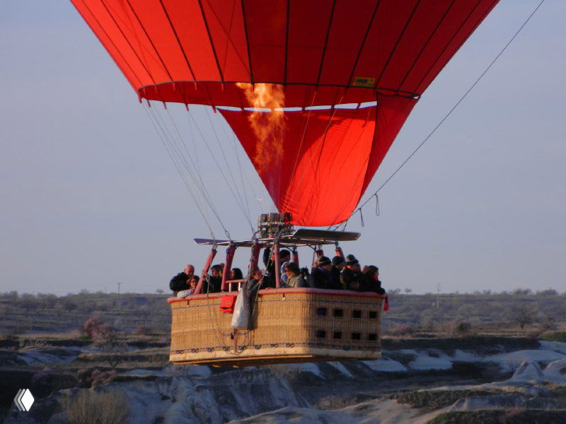 Крупный план корзины и горелки воздушного шара в полёте: пассажиры, струя огня при наборе высоты и вид на землю внизу.