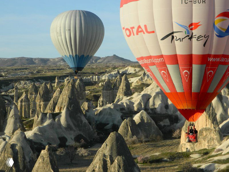 Два больших воздушных шара на близком расстоянии над узкими долинами Каппадокии: узнаваемые логотипы туроператоров на оболочке.
