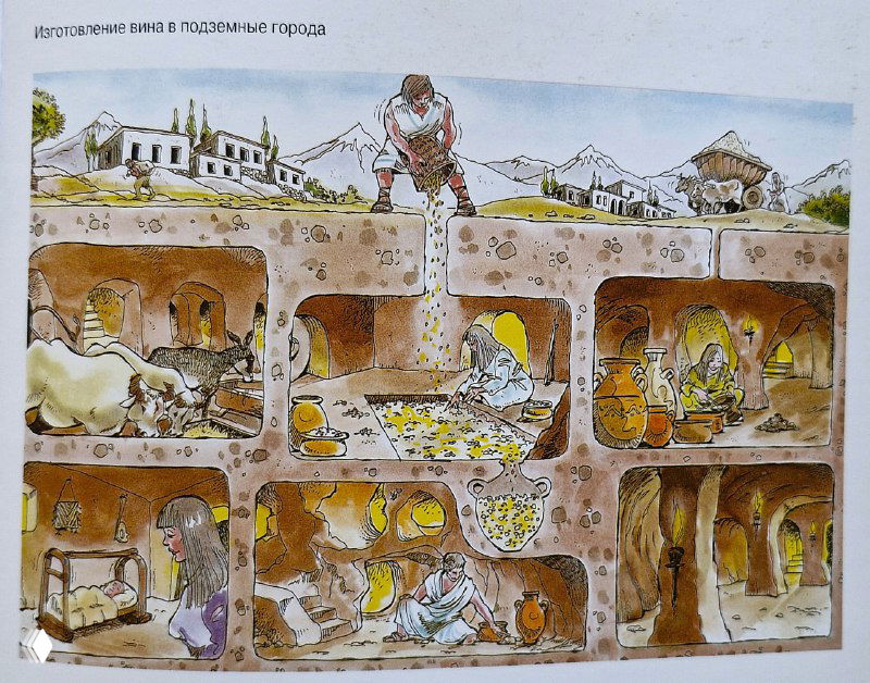 Ещё одна историческая иллюстрация подземных жилищ с изображением повседневной жизни и работы внутри многоуровневых пещер Деринкую.