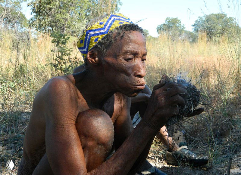 Близкий план женщины племени сан, раздувающей дымящуюся щепку для розжига огня — традиционная техника разведения пламени без спичек.