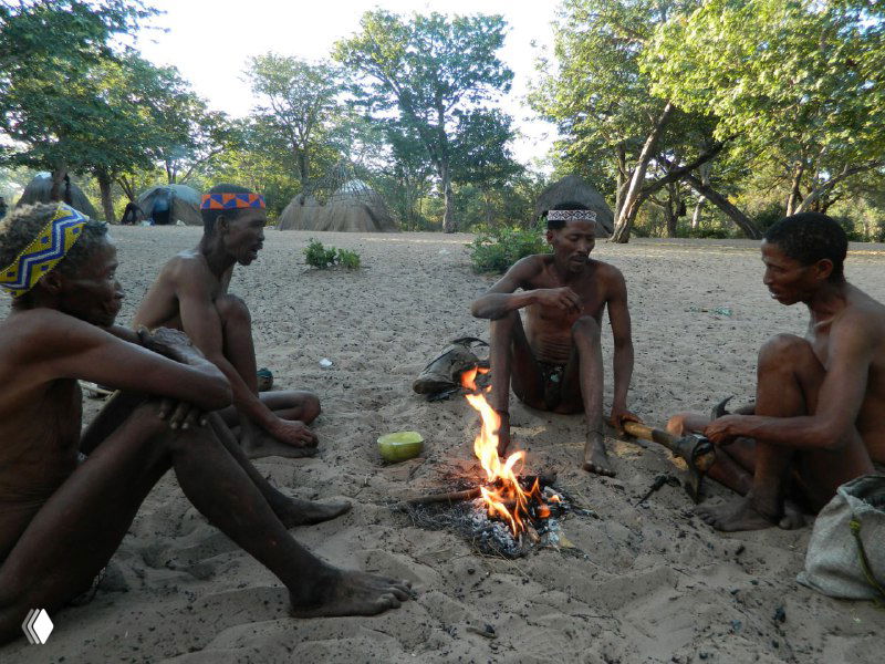 Вечерний костер в деревне племени сан: несколько людей сидят вокруг огня, готовят пищу и поют, сцена традиционного ритуала и общения.
