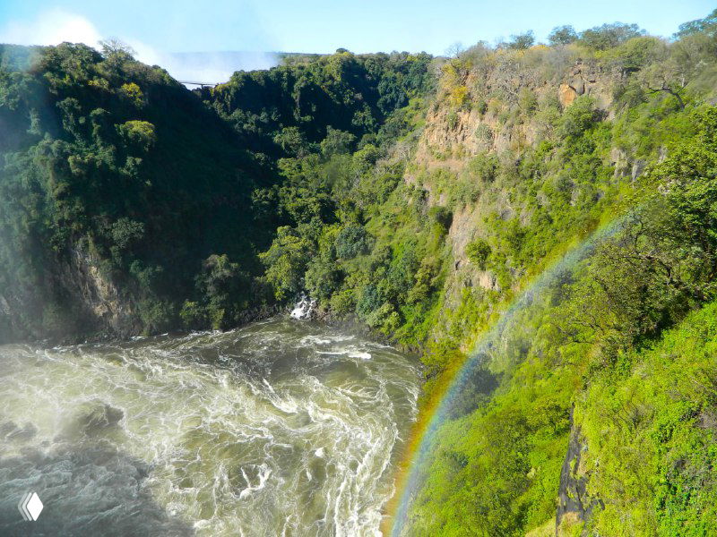 Панорамный вид на реку Замбези и участок водопада Виктория с яркой дугой радуги над бурной водой и зелёными обрывами вокруг.