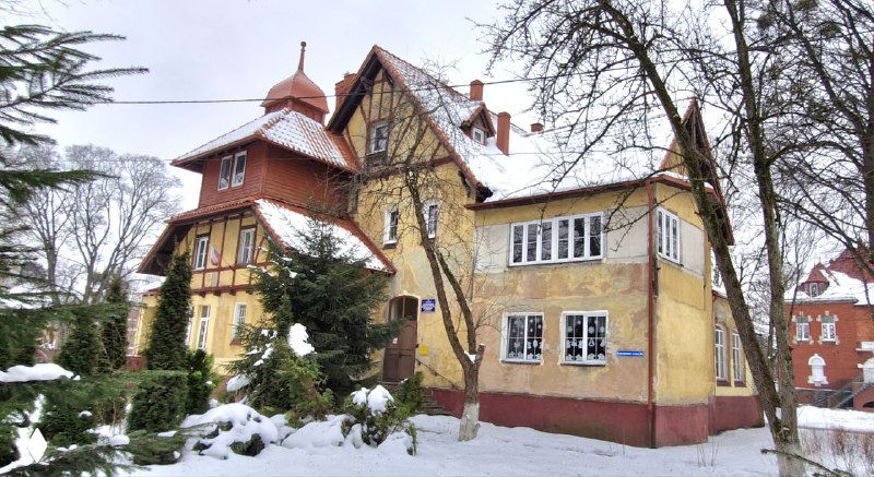 Пара вилл в Амалиенау среди хвойных и лиственных деревьев, снег на газонах и очертания домов с многоскатными крышами и эркерами.