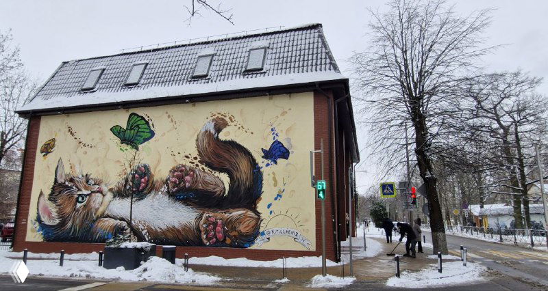 Крупный яркий мурал с игривым котом на угловом доме рядом с пешеходной зоной; пример стрит-арта и кошачьей символики в городской среде Зеленоградска.