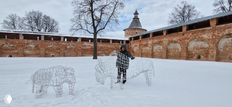 Снежный внутренний двор Зарайского кремля с металлическими скульптурами бизонов на фоне кирпичных стен и башен крепости.