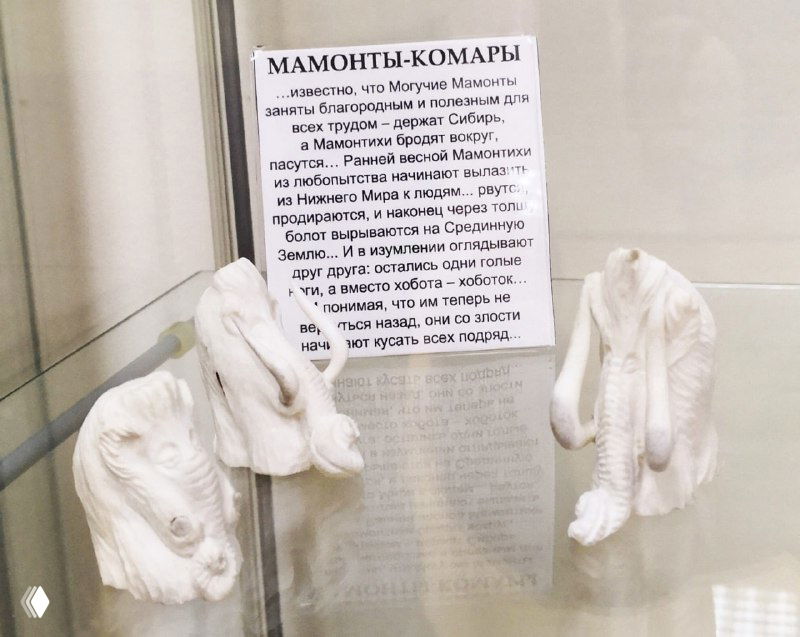 Белые резные фигурки мамонтов и сопроводительная табличка «МАМОНТЫ‑КОМАРЫ», витрина с пояснением истории промысла и материалом изготовления в Тобольске.