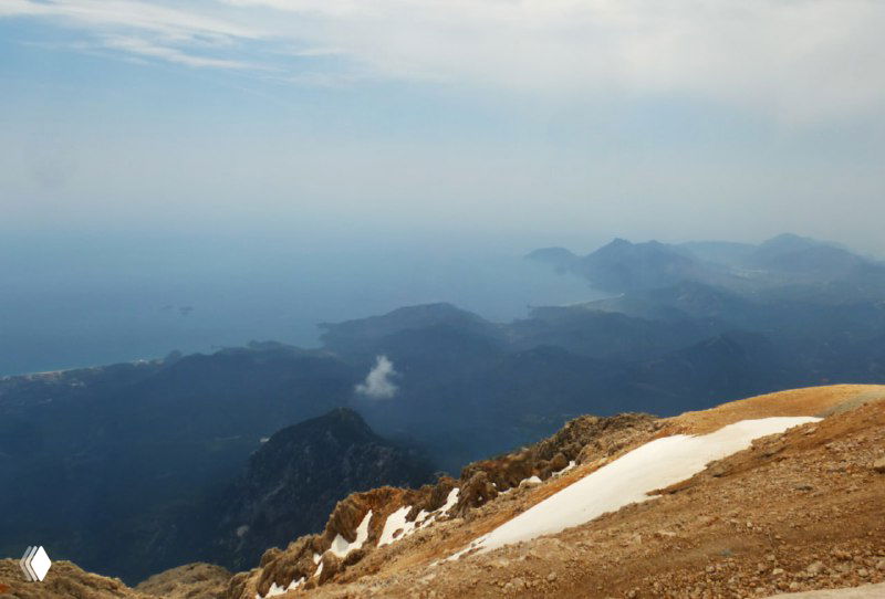 Вид с высоты Тахталы на побережье и море: обрывистые скалы, залив и линии горизонта, дающие представление о морской панораме с гор.