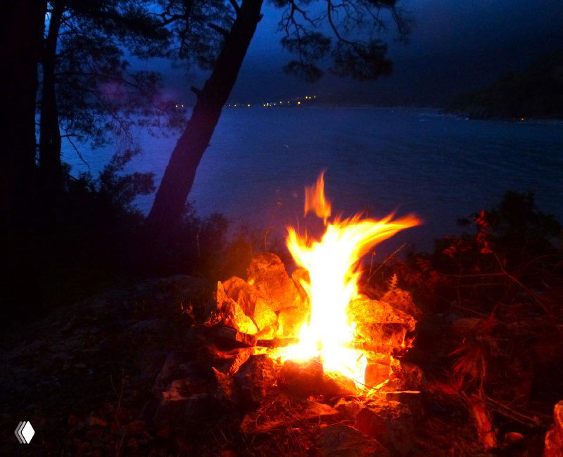 Ночной кадр костра на берегу моря: яркие языки пламени на фоне тёмной бухты и силуэтов деревьев у воды.