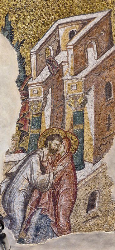 Фреска с трогательной сценой ласкания Марии/встречи Иоакима и Анны в церкви Хора: интимная композиция на фоне зданий и орнамента.