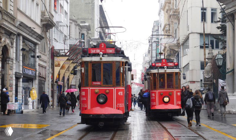 Два красных ретро‑трамвайчика на узкой пешеходной улице Истикляль, мокрая брусчатка и витрины магазинов по бокам, вид городской динамики.