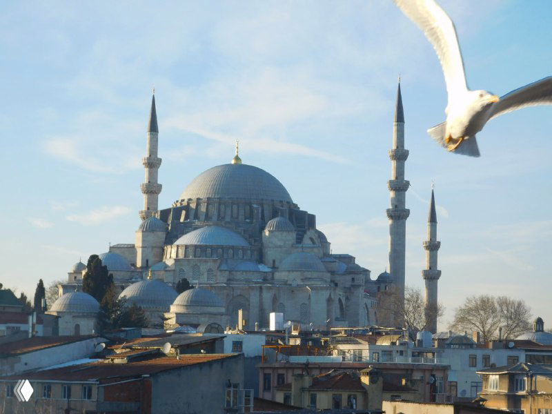 Крупный план минарета и куполов мечети на фоне голубого неба, на переднем плане парящая чайка — вид, который открывается со смотровых площадок.