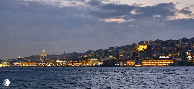 Широкий панорамный вид на подсвеченную набережную Стамбула, плавно уходящую вдоль водной глади и отражения огней в воде ночью.