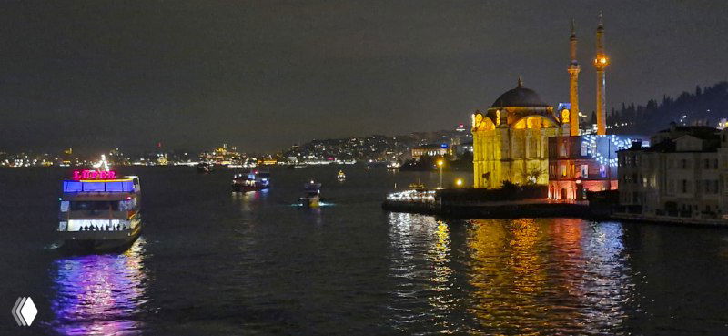 Ночной вид Босфора с проходящими судами и ярко освещённой мечетью на берегу, причалы и блики на воде в тёмное время суток.