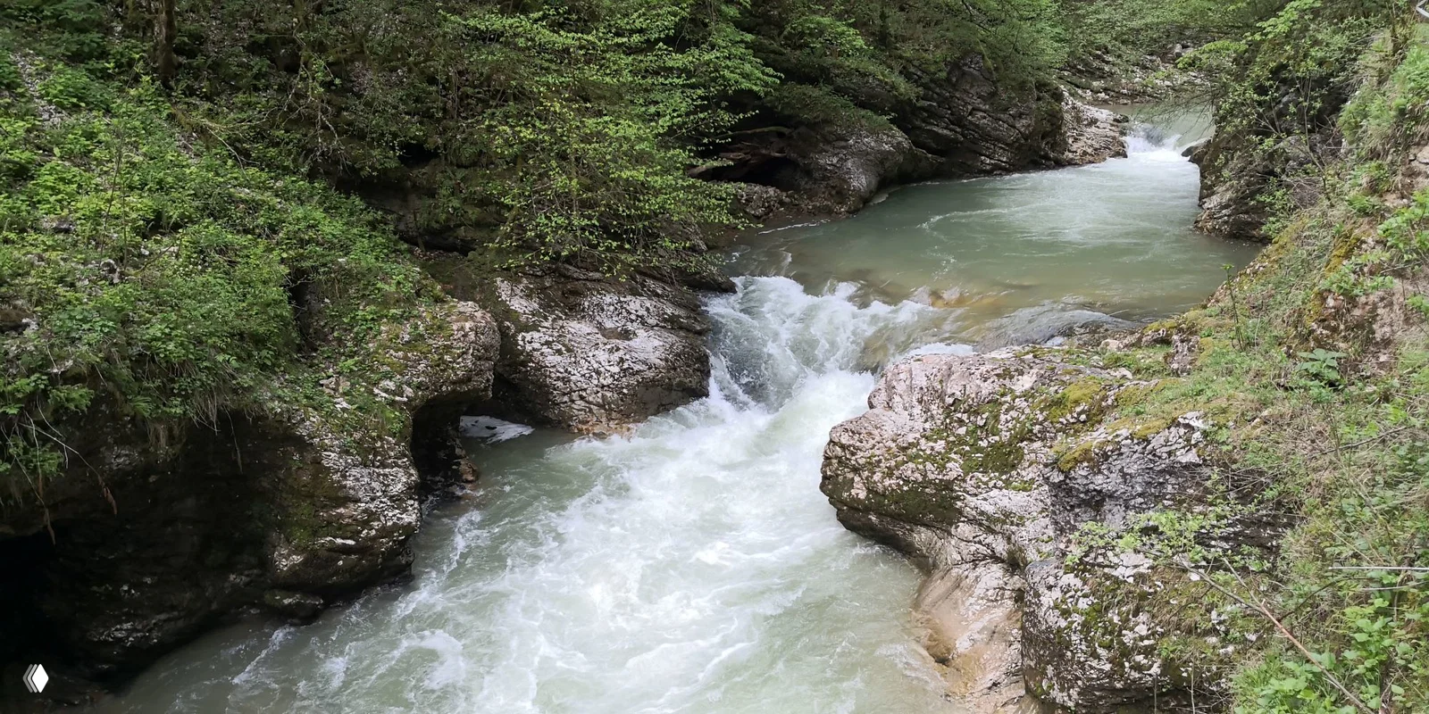Бурное мутно-зелёное течение реки Курджипс протекает между каменными берегами узкого каньона в глубине Гуамского ущелья.