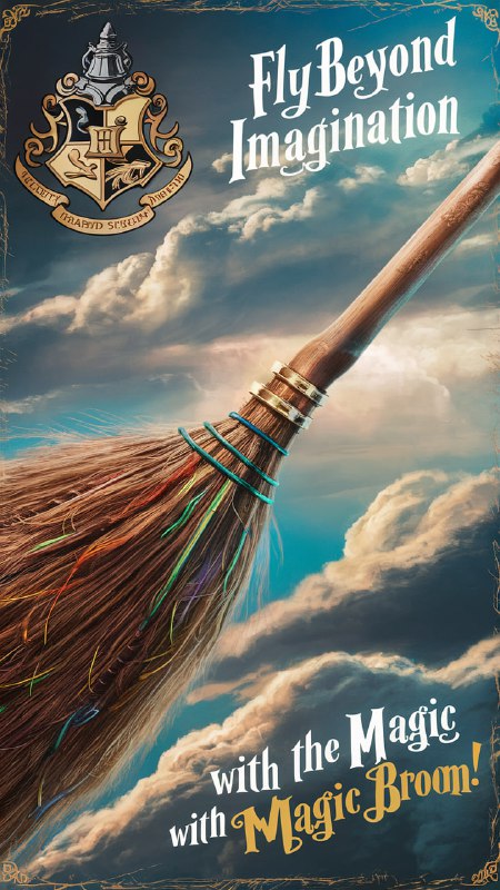 Детализированная иллюстрация метлы на фоне облаков и эмблемы в углу, стиль фэнтези/университет магии, рекламный вид.