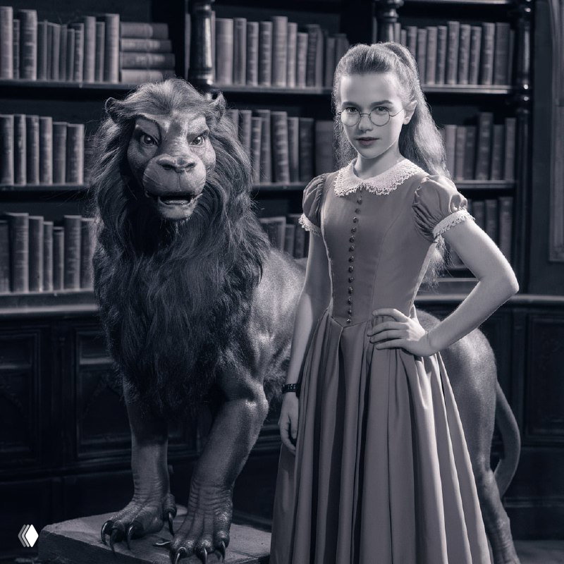 Чёрно‑белая сценка с девушкой в ретро‑платье и крупным львом/скульптурой на фоне полок с книгами, кинематографичная композиция.