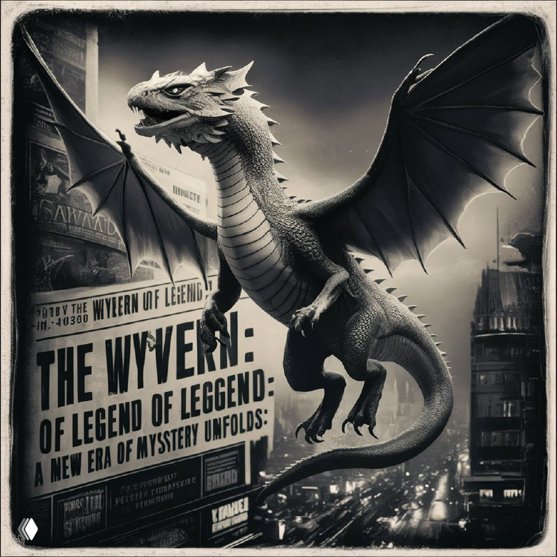 Винтажный постер с летающим драконами и рекламной типографикой в монохроме, стилизованный под старую афишу фантастики.