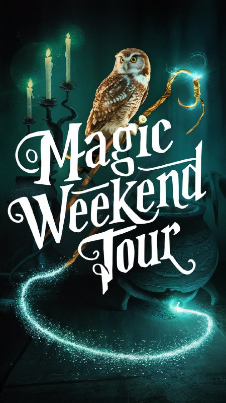 Яркий постер «Magic Weekend Tour» с совой, свечами и волшебной атмосферой, декоративный арт для оформления пространства.