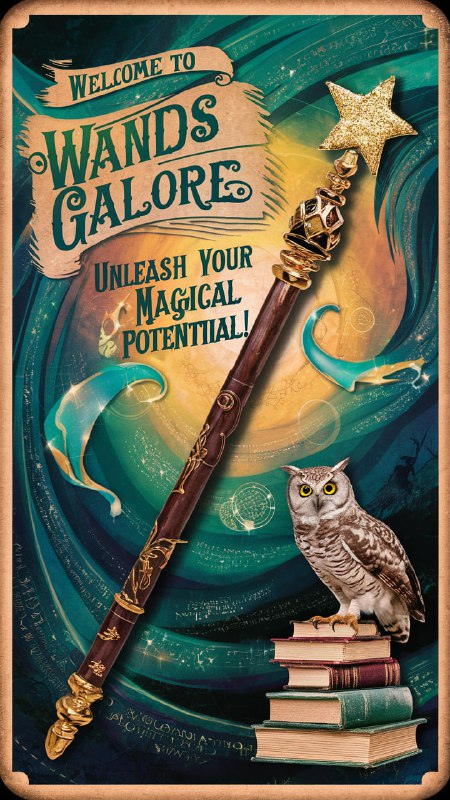 Иллюстрация со стильной волшебной палочкой и совой на стопке книг, декоративный постер в зелёно‑бирюзовой палитре.