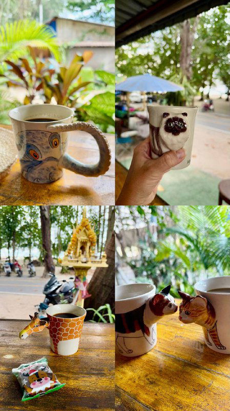 Несколько снимков чашек с кофе на деревянном столе и вид на пляж: керамические кружки с разными рисунками, атмосфера домашнего кофе у моря.