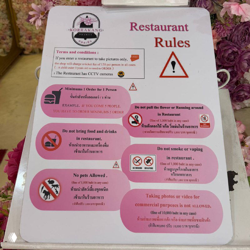 Табличка с правилами ресторана/кафе: иконки запретов и условия для фотографирования и поведения посетителей — входная информация у Kor Ra Kang.