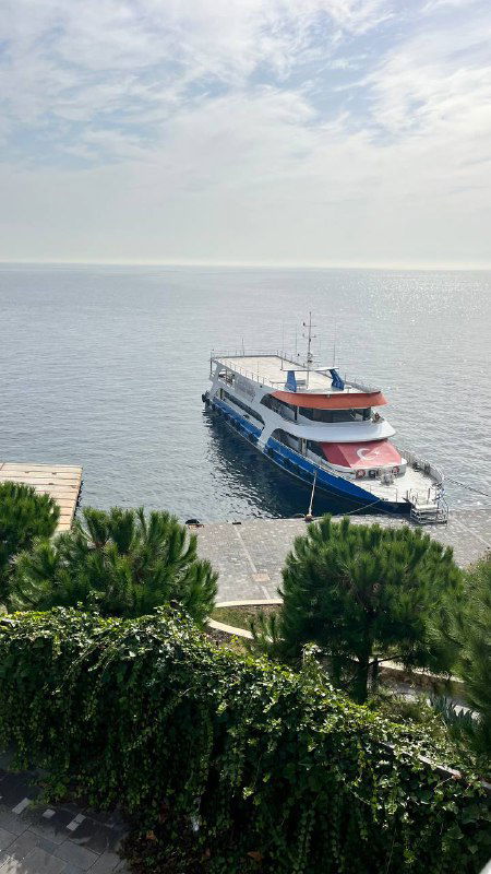 Паром пришвартован у береговой линии острова, вид на судно в Мраморном море, спокойная морская поверхность и прибрежная зелень.