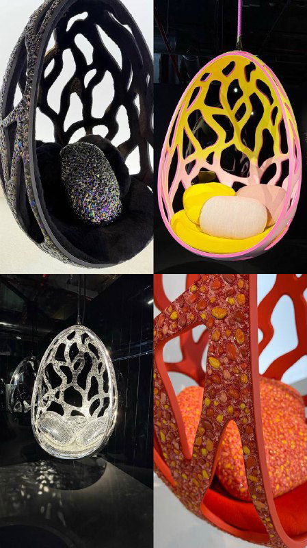 Инсталляции с выставки Louis Vuitton Dream: разноцветные подвесные кресла и дизайнерские элементы с яркими текстурами и формами.