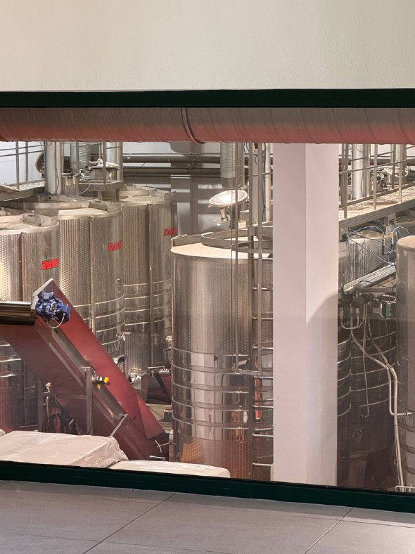 Вид внутреннего производственного цеха винодельни: ёмкости и оборудование через окно, промышленный интерьер без людей.