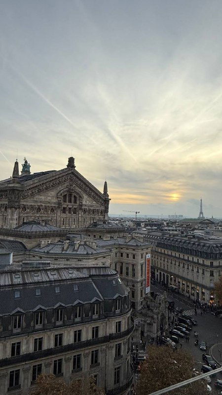 Панорама Парижа с террасы Галереи Лафайет: крыши, купола и мягкое вечернее небо — городская панорама и архитектурный силуэт.