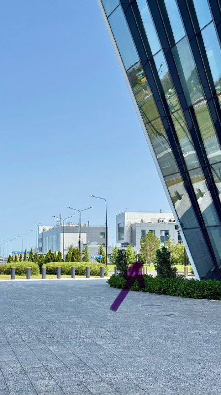 Внешний вид подхода к основному терминалу аэропорта «Гагарин»: дорожка, фасад здания и озеленение вокруг, снимается с небольшого расстояния.