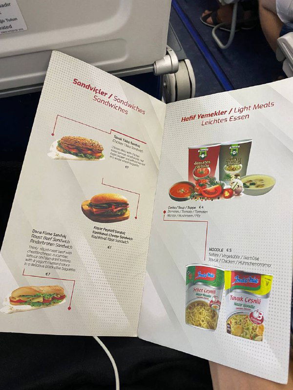 Развернутое бортовое меню Southwind: фотографии сэндвичей, закусок и пакетированных блюд с указанием вариантов питания и цен