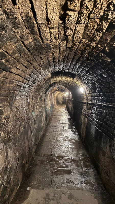 Средневековый подземный туннель из кирпича с арочными потолками в винном погребе госпиталя — влажный каменный проход с освещением.