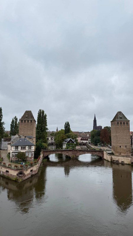 Вид с дамбы или моста на реку и башни Страсбурга в пасмурный день — панорама исторического центра с мостами.