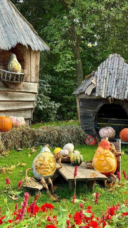 Несколько маленьких тыкв и декоративные домики из соломы и дерева: художественная композиция с разными формами и цветами тыкв в садовой инсталляции.