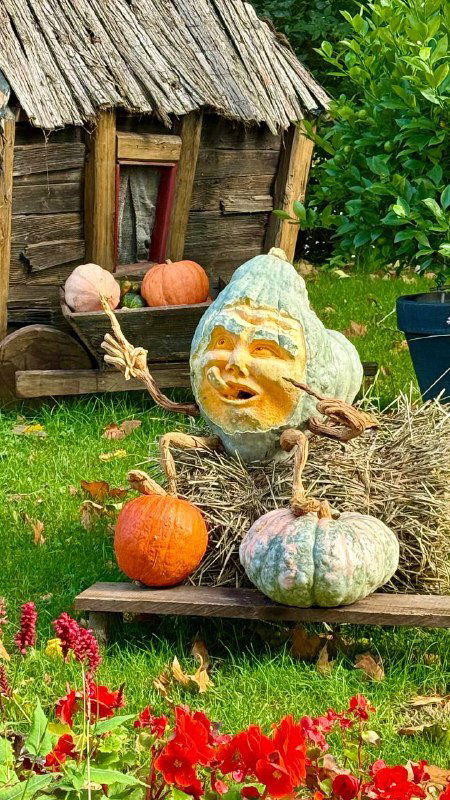 Садовая композиция с резной улыбающейся тыквой, подставками и декоративными элементами; вокруг цветы и другие тыквы разной формы и окраски.