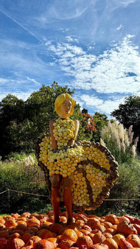 Скульптура в виде персонажа в платье, собранная из мелких светлых тыкв и декоративных трав на фоне неба и зелёных деревьев.