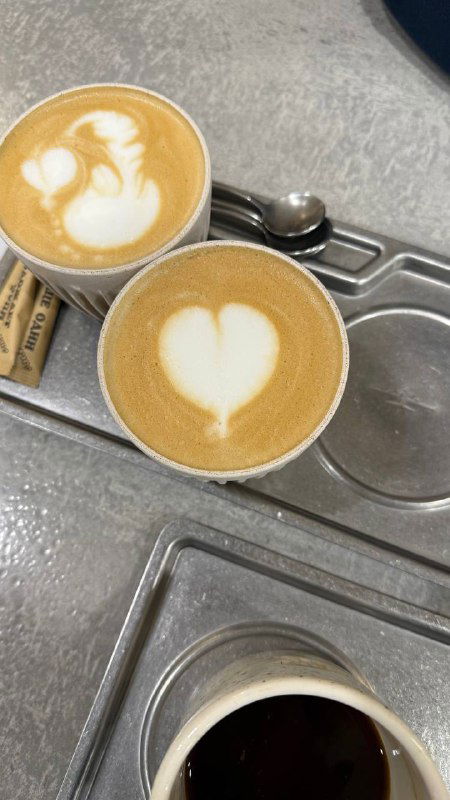 Два латте с рисунками на пенке на металлическом подносе — авторская подача напитков и внимание к латте-арту в ЧерникаКофе.