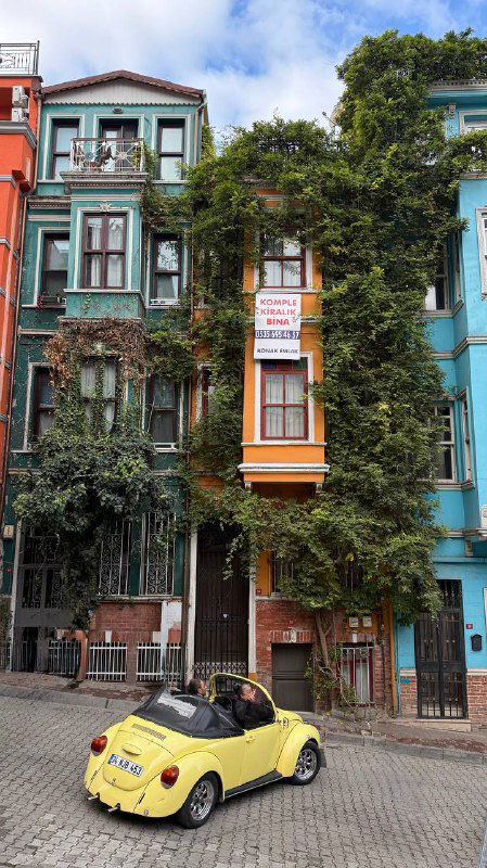 Узкая улица с многоцветными домами, балконами и живой листвой; демонстрация соседства антуражных фасадов и городской повседневности.