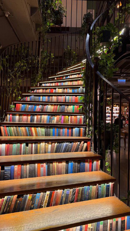Винтовая лестница, облицованная книгами в Pera Minoa: разноцветные корешки создают эффектную фотозону внутри магазина.
