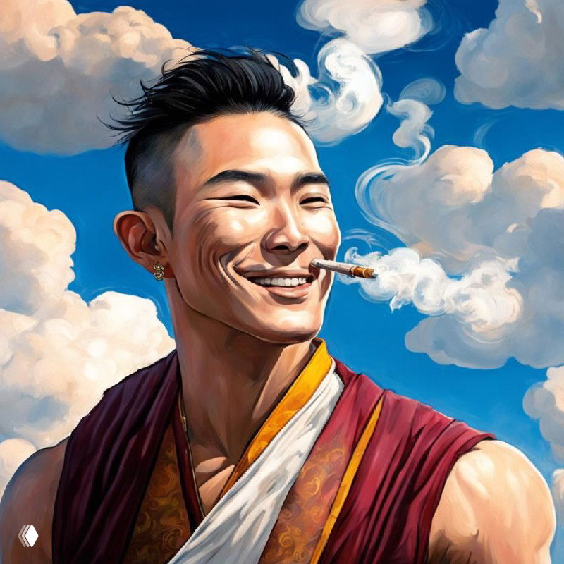 Портретный цифровой арт: улыбающийся молодой монах с сигаретой и густыми облаками дыма на фоне голубого неба; заметен стиль генеративного ИИ.