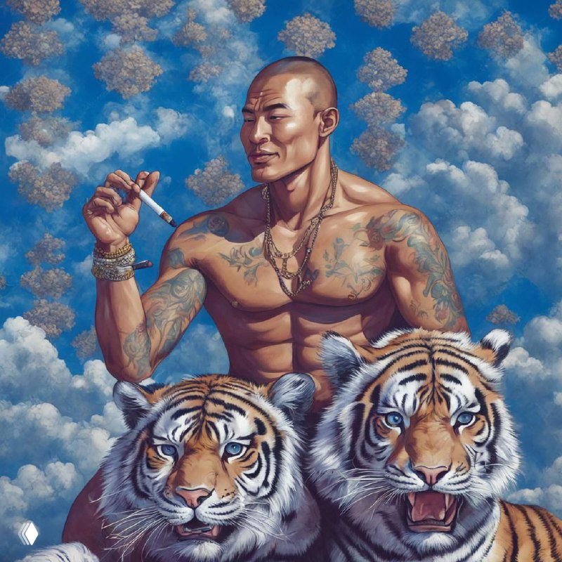 Динамическая картина в стиле ИИ: атлетичный монах с татуировками и сигаретой сидит рядом с тигром; декоративные облака и фантазийный фон.