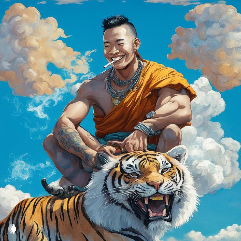 Иллюстрация: монах в оранжевой рясе на фоне синего неба и облаков, рядом тигр; стилизованный цифровой арт, явно сгенерированный ИИ для аватарки.
