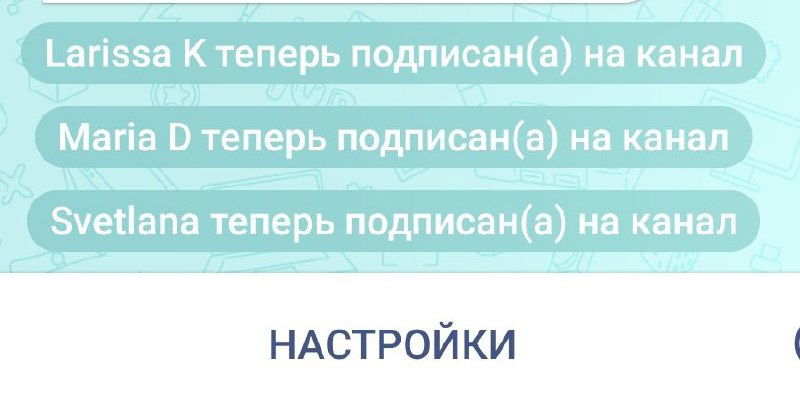 Фрагмент экрана с уведомлениями о подписке: строки с именами (Larissa K, Maria D, Svetlana) и пометкой «теперь подписан(а) на канал», демонстрация списка недавних действий.