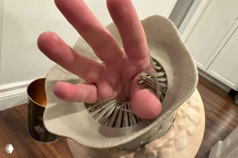 Вид сверху на мерч «Дюны 2»: открытое ведро-попкорница с внутренними складками и резиновыми элементами, рука показывает отверстие, ощущение «пасти».