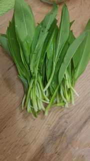 Крупный план пучка свежей зелёной черемши (дикий чеснок) на деревянной доске — заметны ланцетовидные листья и светлые основания побегов.