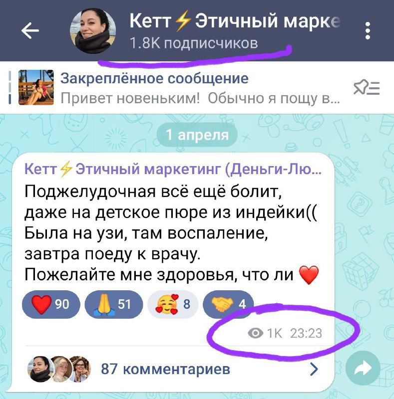 Скриншот Telegram: сообщение в канале Кетт с выделенным счётчиком просмотров '1K' и видимым временем публикации правее.
