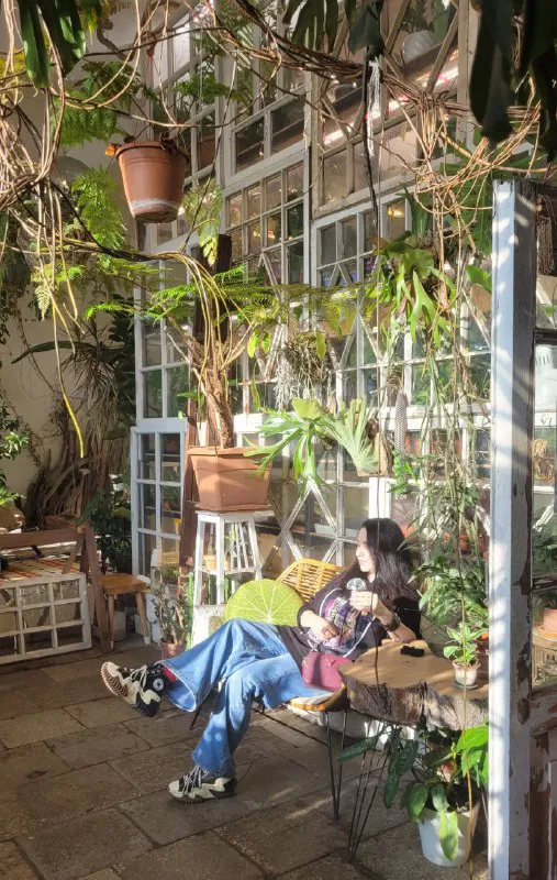 Большое помещение с высокими окнами, столиками и множеством зелёных растений — люди отдыхают на скамьях среди фито-декора.