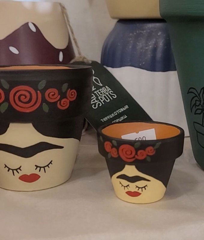 Ряды керамических горшков с расцветкой в стиле рукоделия на полке магазина керамики и сувениров внутри Про.Антас.