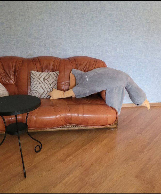 Кожаный диван в гостиной с мягкой игрушкой и журнальным столиком, тёплый ламинированный пол и уютная атмосфера.