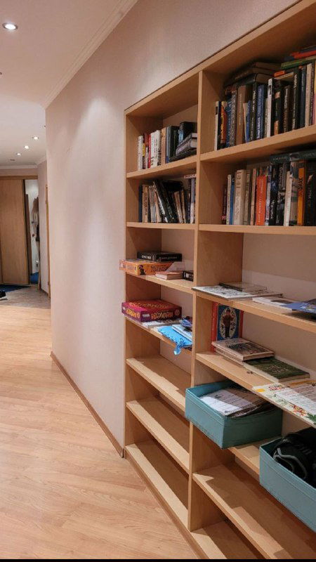 Коридор с полками и большой системой хранения: книжные полки и место для вещей в светлом просторном холле.